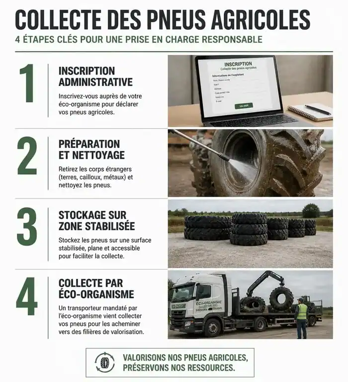 Infographie des étapes de la collecte de pneus usagés agricoles