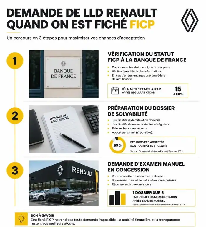 Parcours de demande de LLD Renault pour profil FICP : étapes de vérification et constitution de dossier.