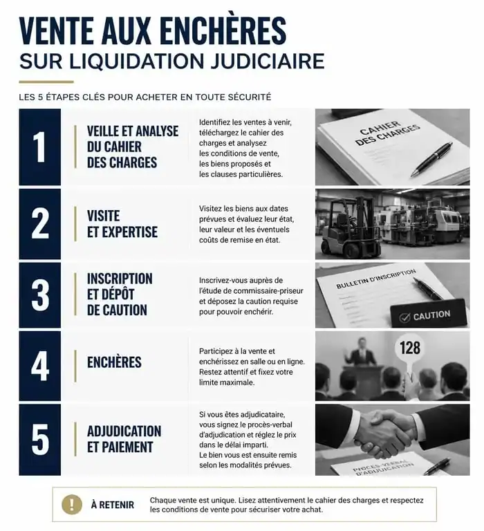 Infographie des étapes d'une vente aux enchères sur liquidation judiciaire pour les investisseurs
