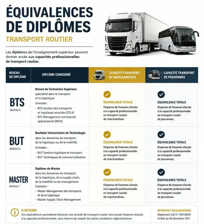 Infographie récapitulative des diplômes éligibles pour l'attestation de capacité de transport routier