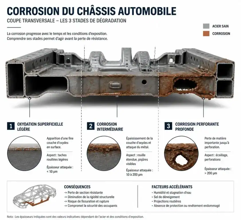 Schéma des stades de corrosion du châssis automobile pour le traitement de la rouille