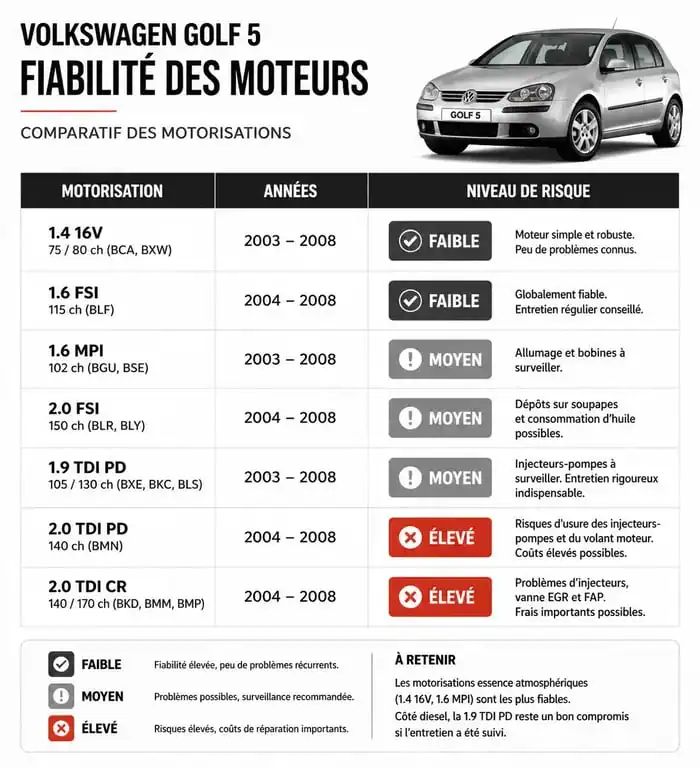 Tableau comparatif des motorisations de Volkswagen Golf 5 à éviter pour un achat d'occasion fiable