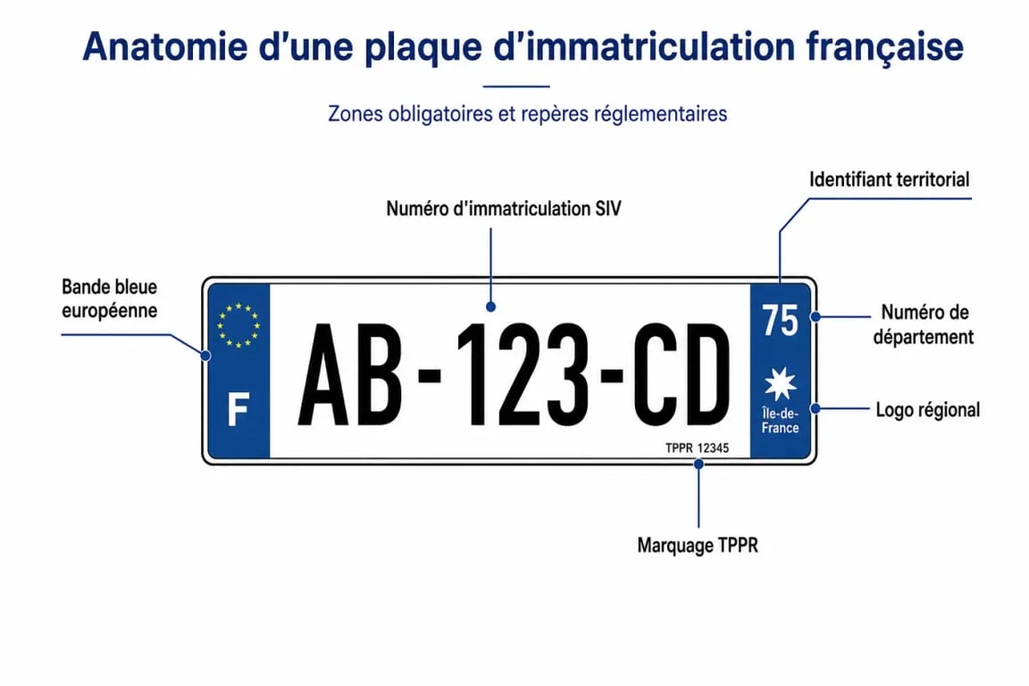 Anatomie d'une plaque d'immatriculation française conforme avec département et logo