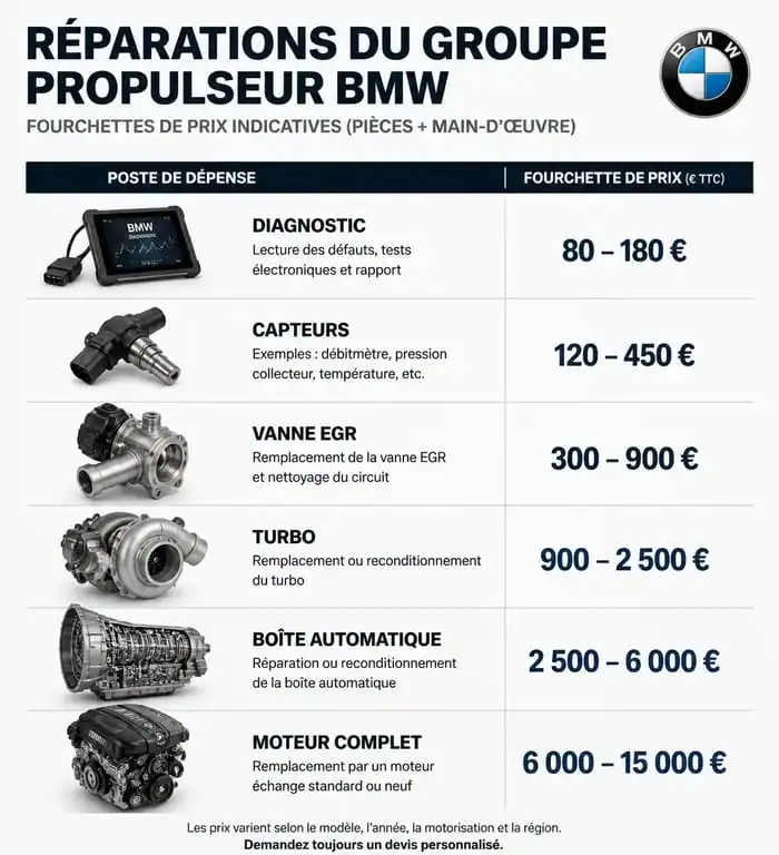 Estimation des prix de réparation du groupe propulseur BMW par type d'intervention