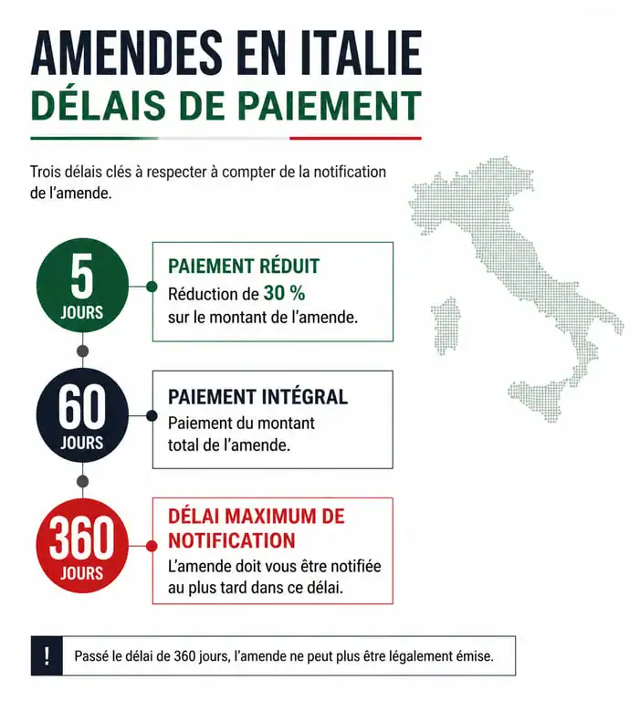 Infographie des délais de paiement et de contestation d'une amende en Italie pour les touristes