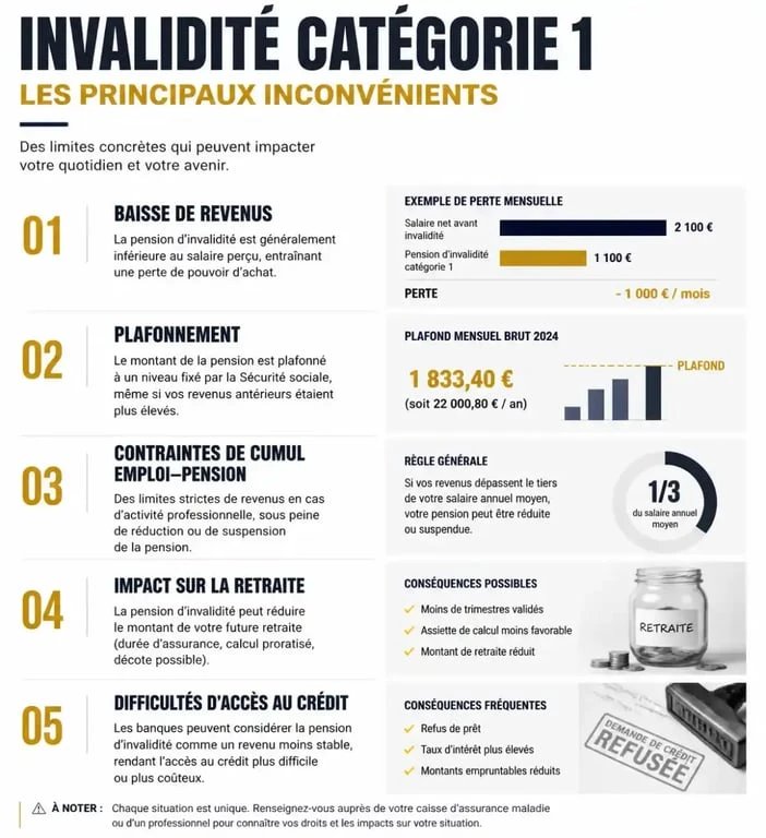 Infographie résumant les inconvénients de l'invalidité catégorie 1