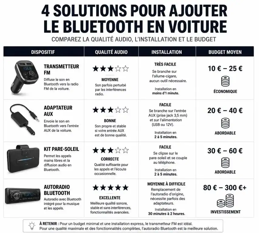 Infographie comparative des solutions pour ajouter le Bluetooth dans sa voiture
