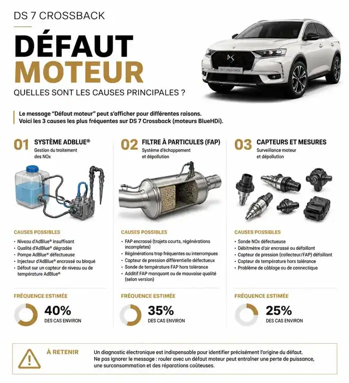 Infographie des causes du message défaut moteur sur DS7 Crossback et étapes de diagnostic