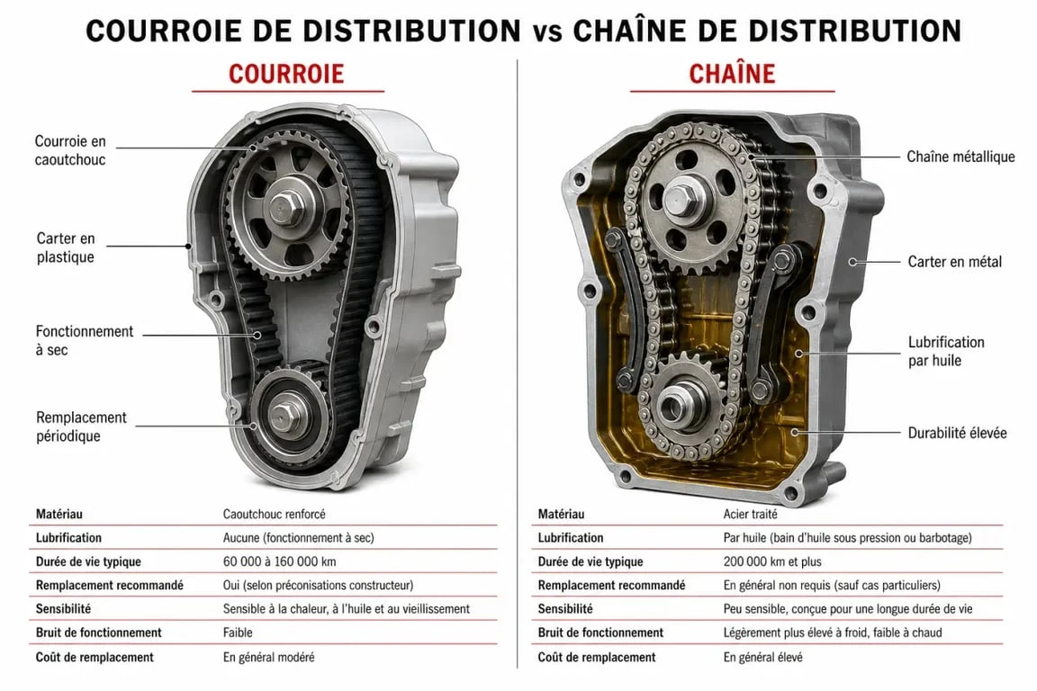 Comparatif visuel entre une courroie de distribution en caoutchouc et une chaîne de distribution en métal pour identifier le système de son véhicule.