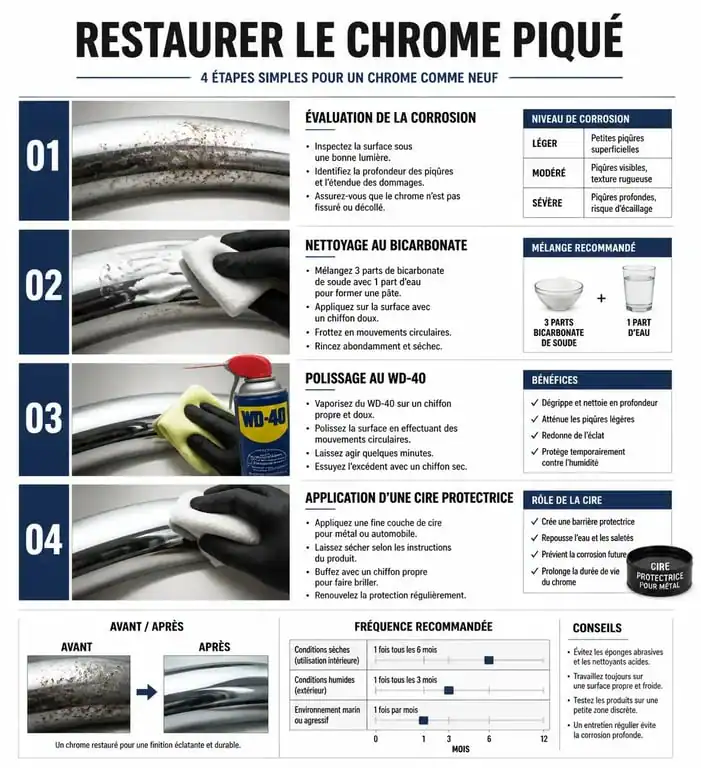 Infographie des étapes pour nettoyer du chrome piqué et restaurer son éclat