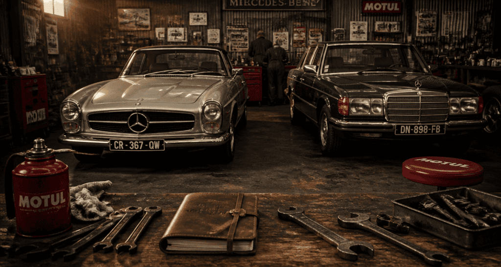 garage rétro avec mercedes ancien pagode w113 et w123