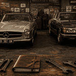 garage rétro avec mercedes ancien pagode w113 et w123