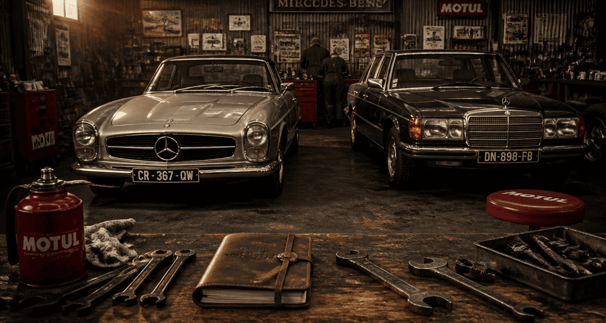 garage rétro avec mercedes ancien pagode w113 et w123