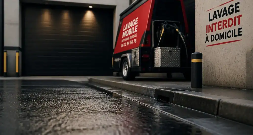 Interdiction de laver sa voiture chez soi : panneau et station de lavage