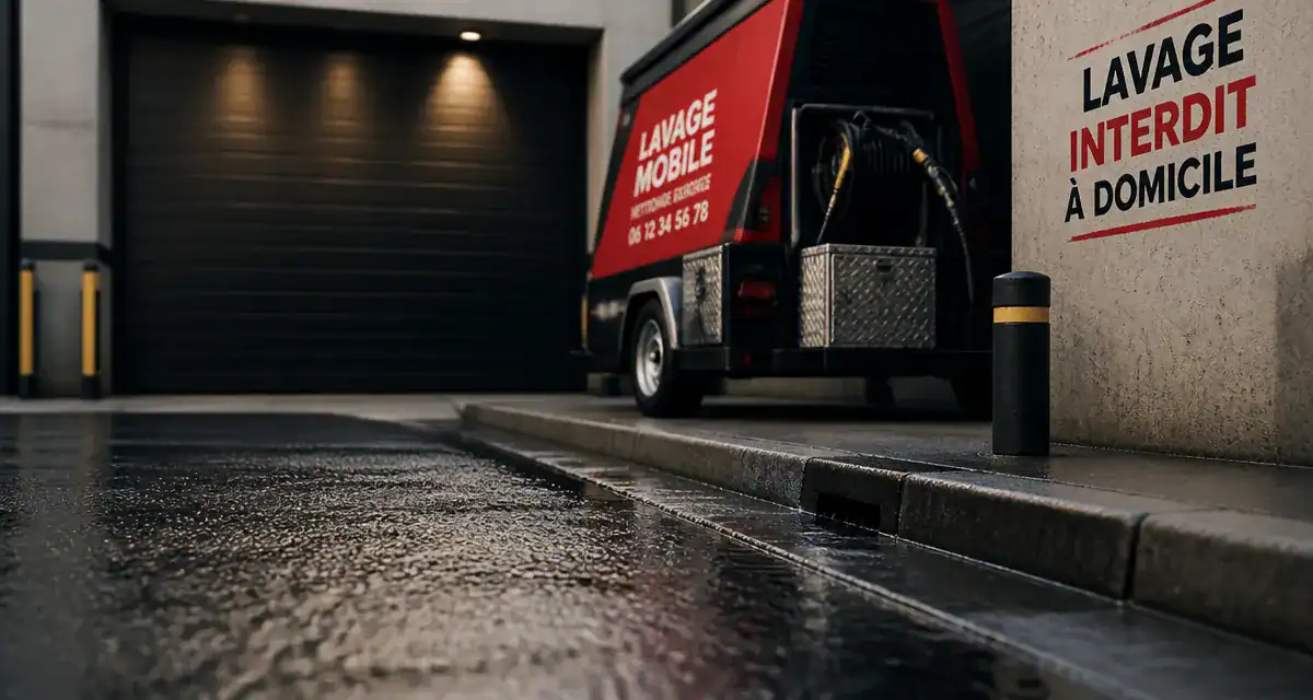 Interdiction de laver sa voiture chez soi : panneau et station de lavage