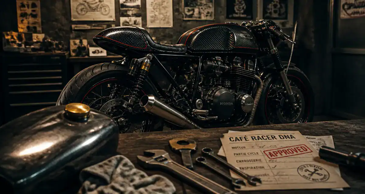 Moto cafe racer noire carbone : café racer en atelier, guidon bracelets, échappement mégaphone