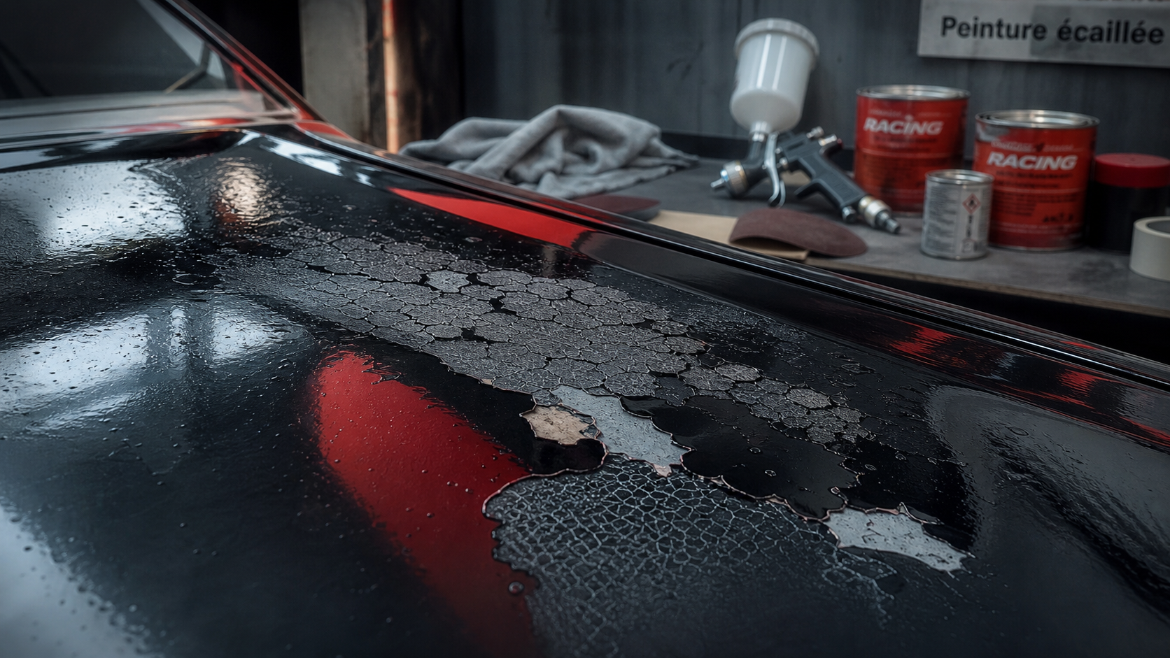 Peinture écaillée voiture : vernis écaillé et corrosion sur le capot