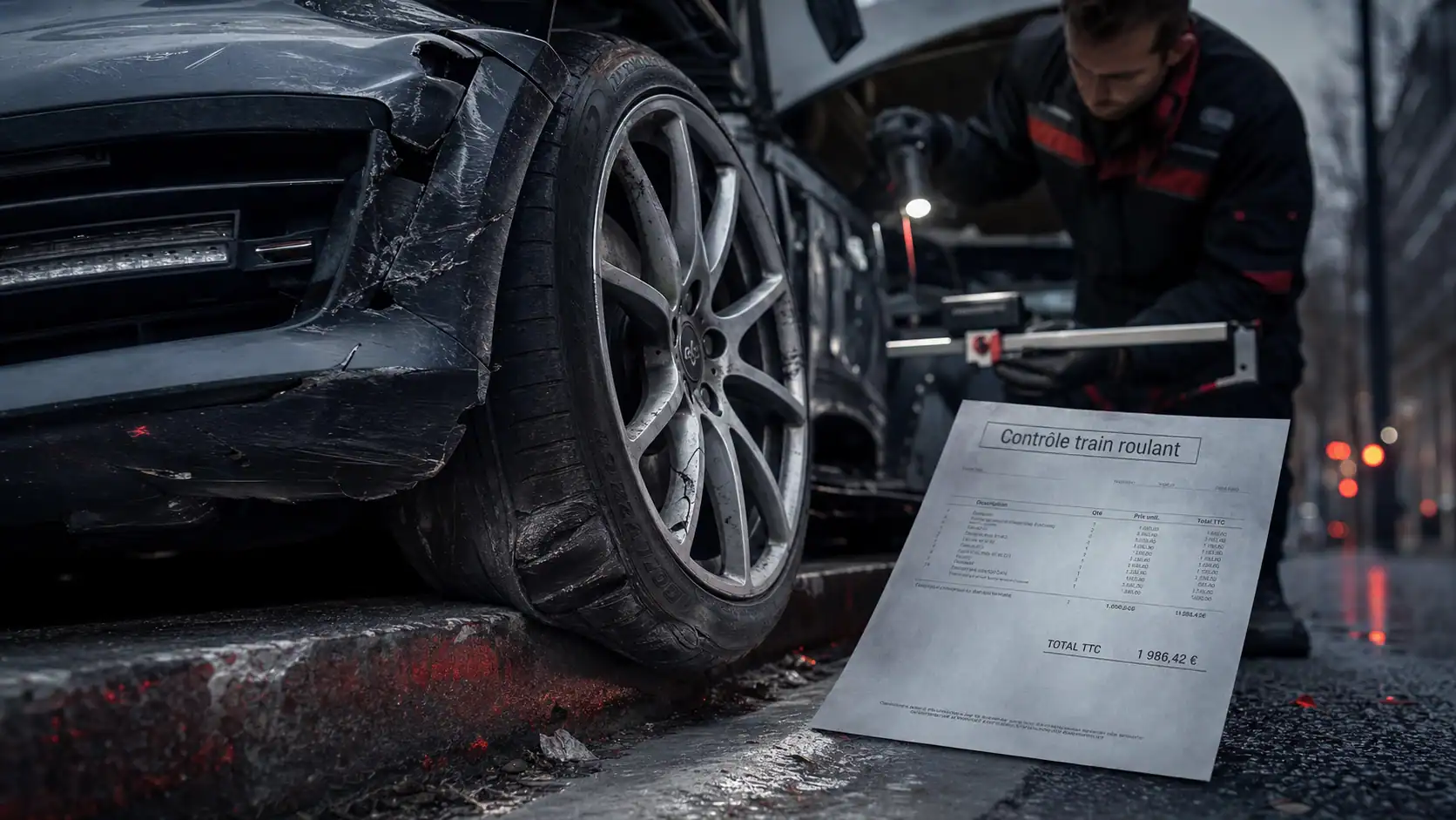 Symptôme voiture qui a pris un trottoir : roue avant endommagée et flanc de pneu hernié