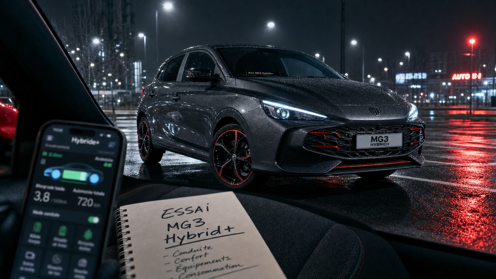 Avis MG3 hybride : MG3 Hybride+ noire 195 ch vue 3/4 pluie parking
