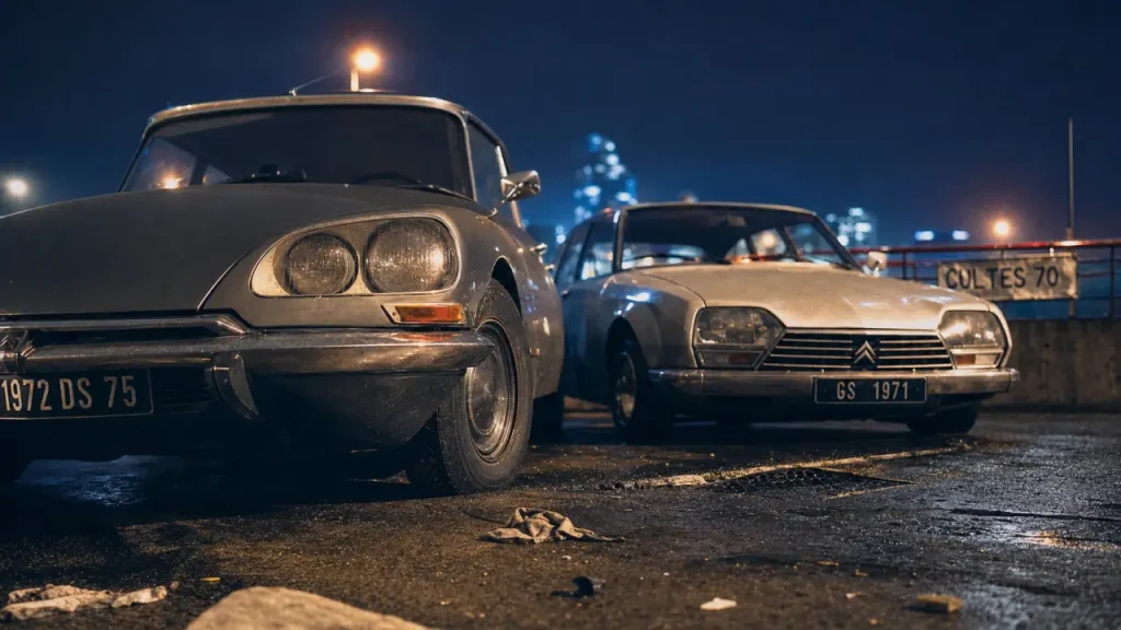 Citroën année 70 DS et GS côte à côte, parking urbain années 70
