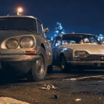 Citroën année 70 DS et GS côte à côte, parking urbain années 70