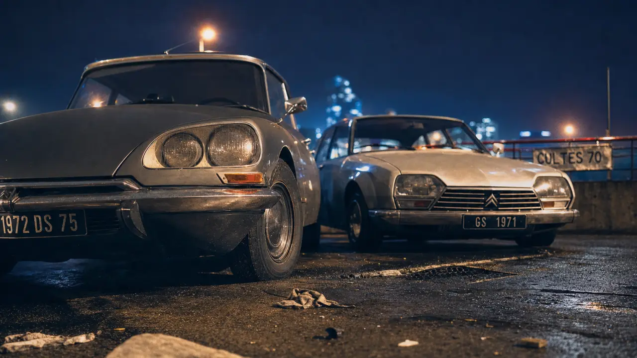 Citroën année 70 DS et GS côte à côte, parking urbain années 70