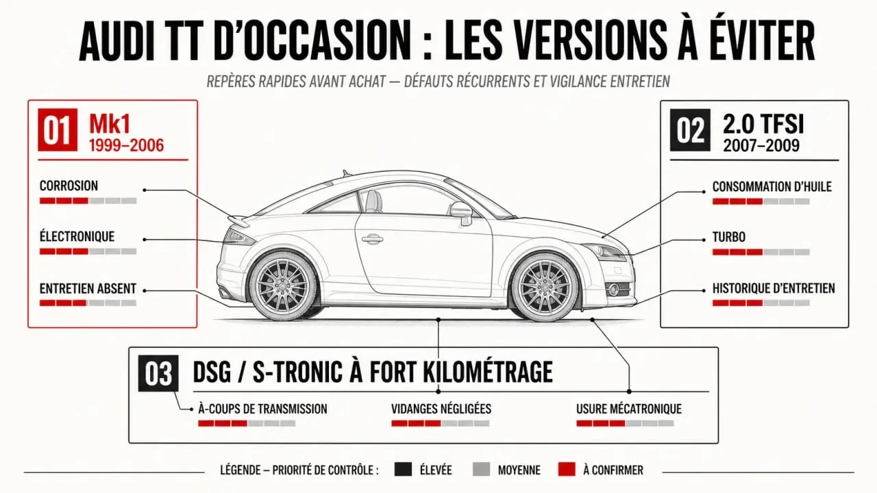 Audi TT modèle à éviter : infographie des générations et motorisations les plus risquées