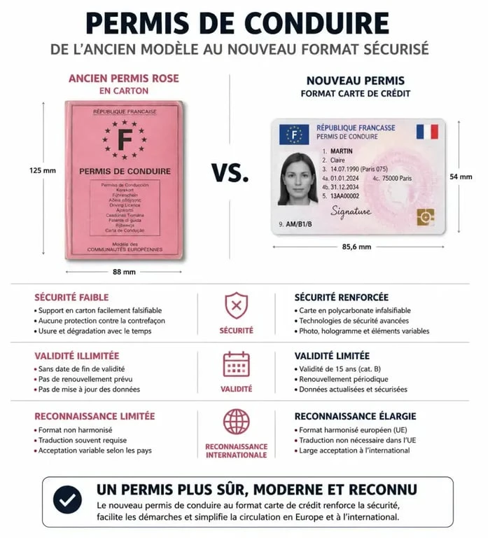 Comparatif visuel entre l'ancien permis de conduire rose et le nouveau format carte de crédit