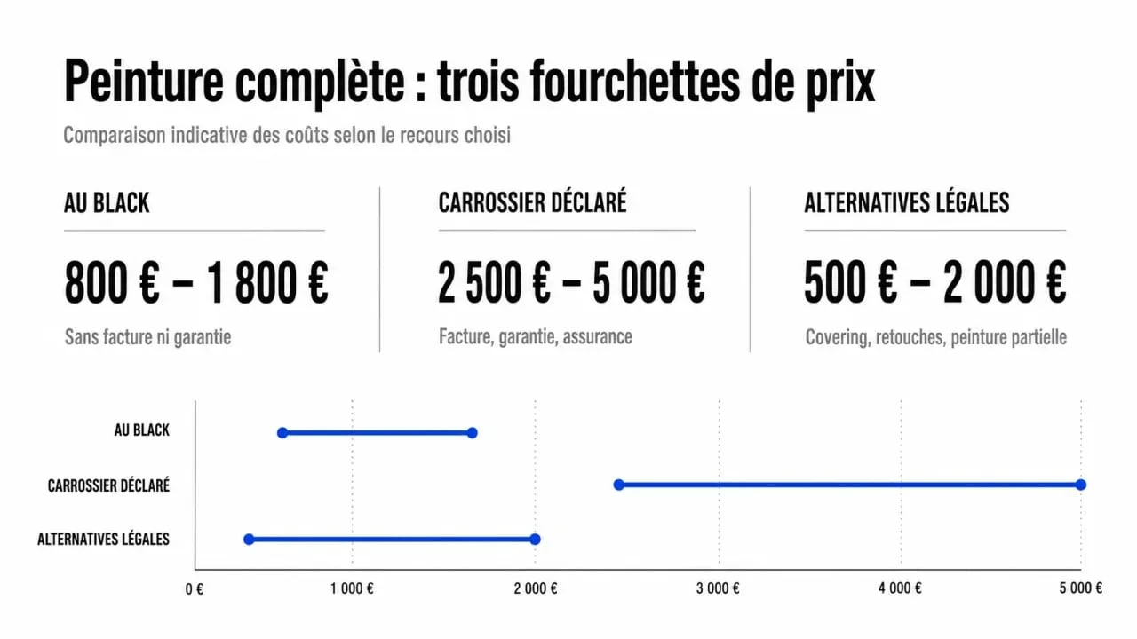 Carrossier au black prix : comparaison visuelle des tarifs d’une peinture complète au black, chez un carrossier déclaré et des alternatives légales