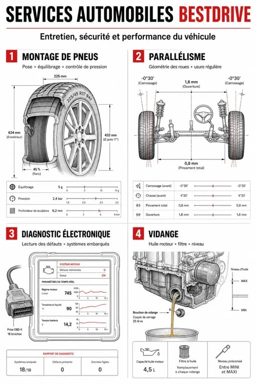 Services d'entretien automobile BestDrive : montage de pneus, parallélisme et diagnostic