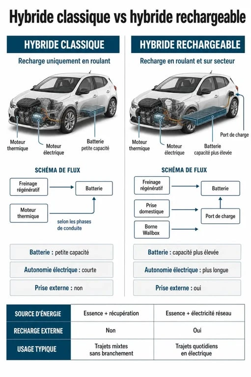 Infographie comparative des méthodes de recharge pour voiture hybride et hybride rechargeable