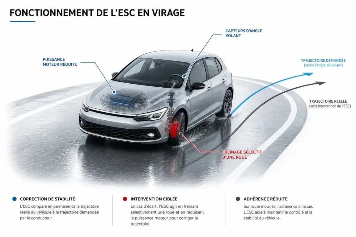 Schéma du fonctionnement de l'esc voiture avec correction de trajectoire et intervention sur les roues