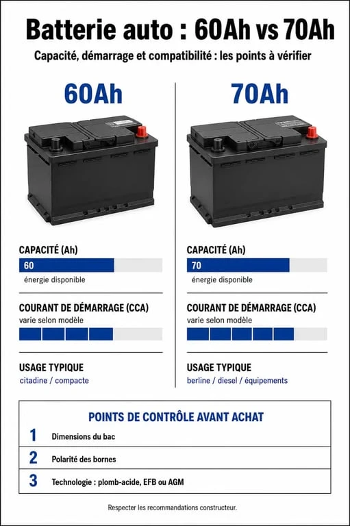 Infographie comparative batterie voiture 60Ah vs 70Ah pour savoir si on peut remplacer sa batterie