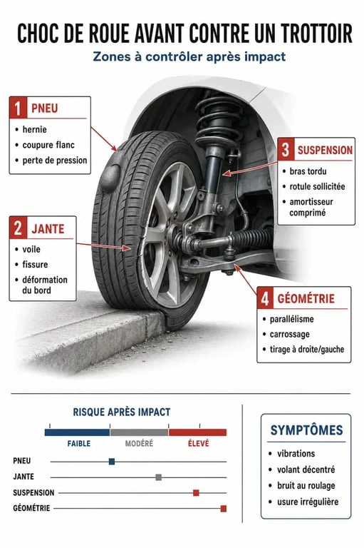 Infographie des dommages mécaniques après avoir tapé un trottoir avec la roue avant