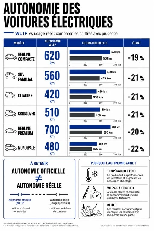 Tableau autonomie voiture électrique comparant plusieurs modèles, autonomie WLTP et facteurs qui influencent l’autonomie réelle