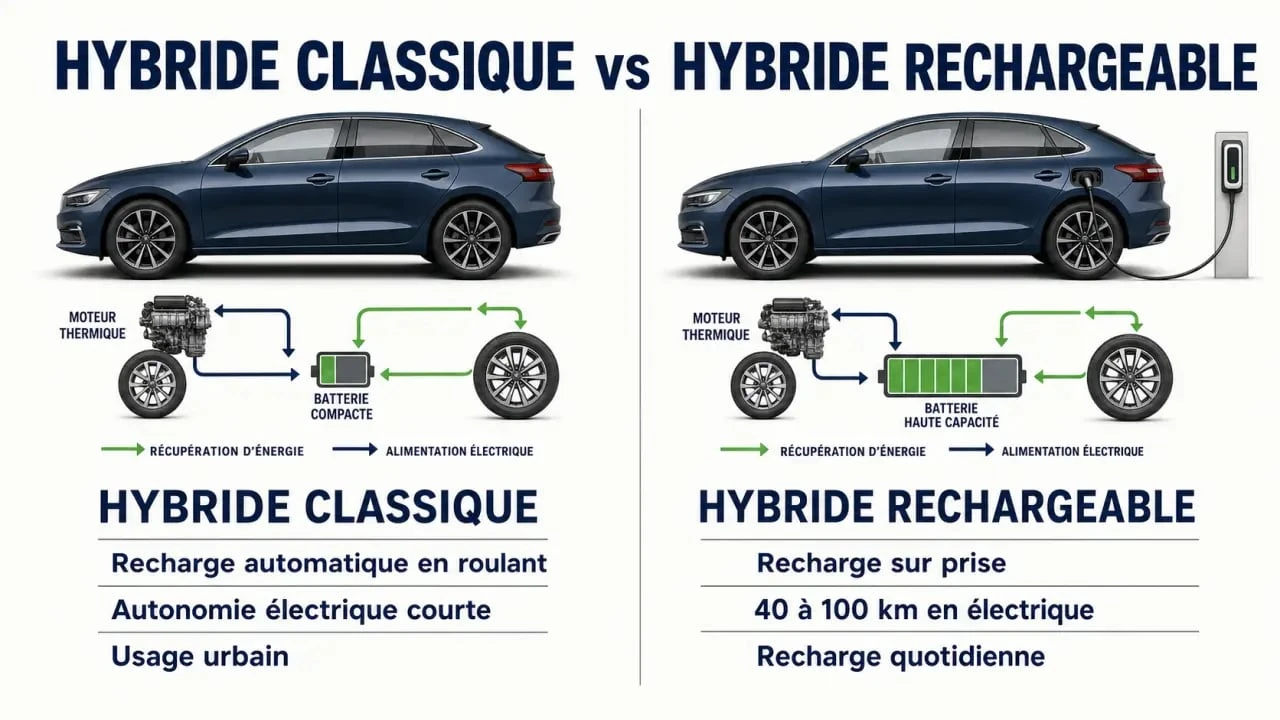 Différence entre hybride et hybride rechargeable : schéma comparatif des deux motorisations