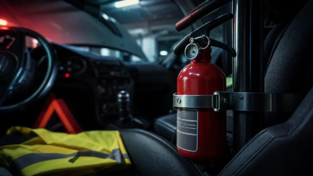 Extincteur pour voiture obligatoire fixé dans l’auto, goupille et manomètre visibles