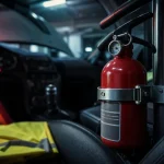 Extincteur pour voiture obligatoire fixé dans l’auto, goupille et manomètre visibles