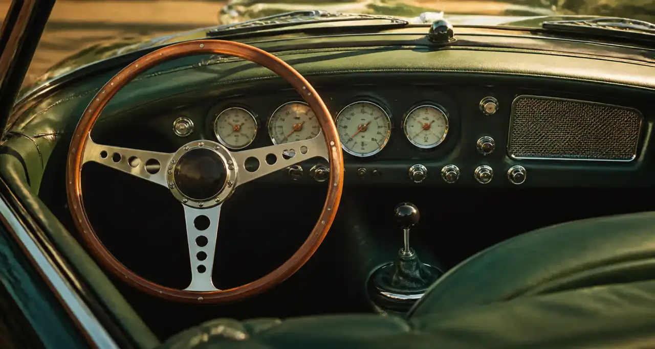 Tableau de bord d'une voiture de collection avec volant en bois et compteurs analogiques