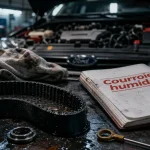 Moteur EcoBoost : courroie humide sur établi d’atelier automobile