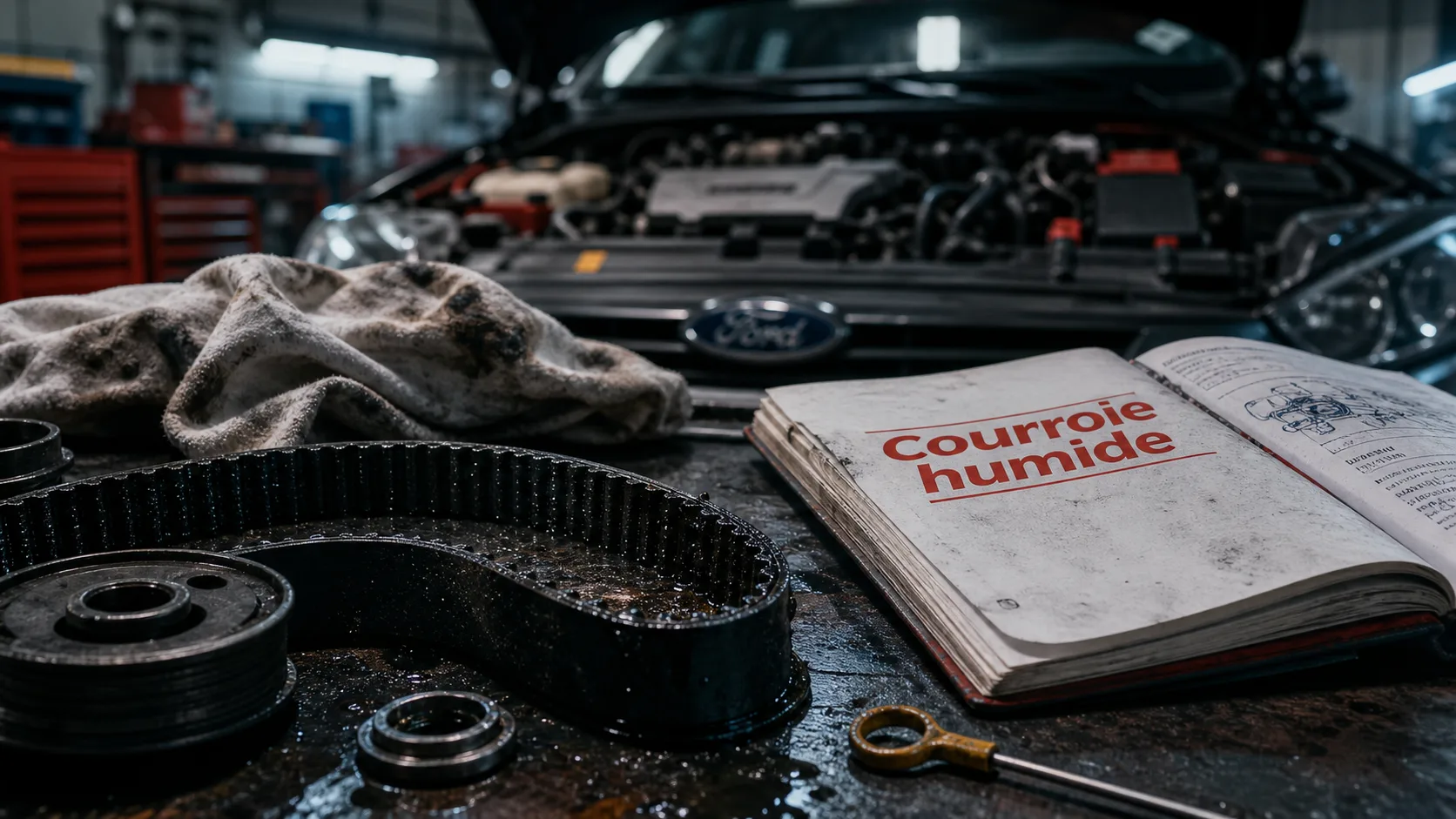 Moteur EcoBoost : courroie humide sur établi d’atelier automobile