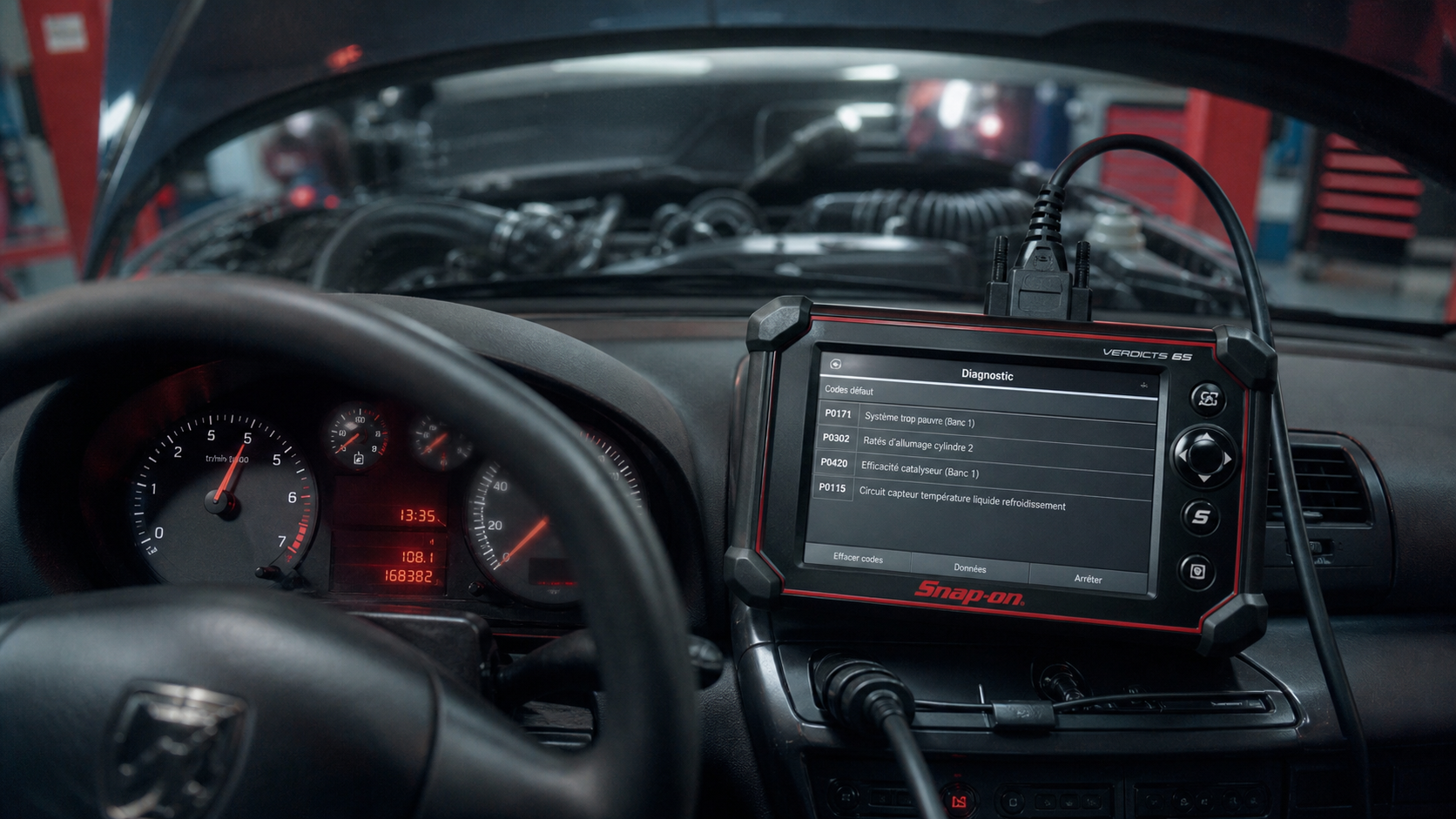 Ralenti instable : diagnostic OBD sur moteur essence, durites d’admission en atelier