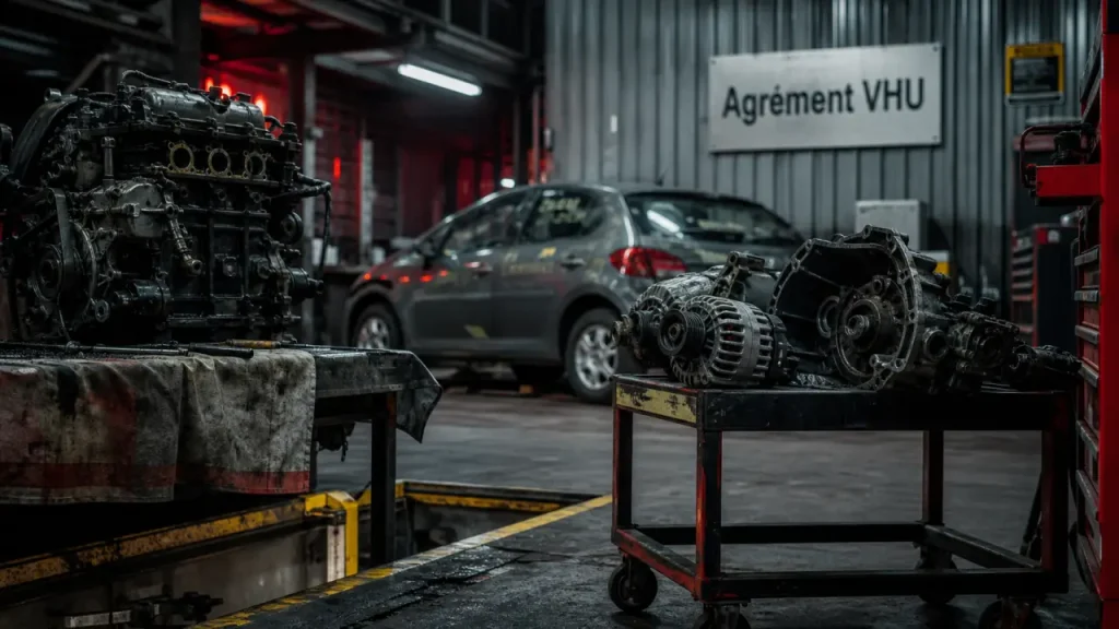 RN3 auto casse : atelier VHU, moteur démonté et pièces détachées