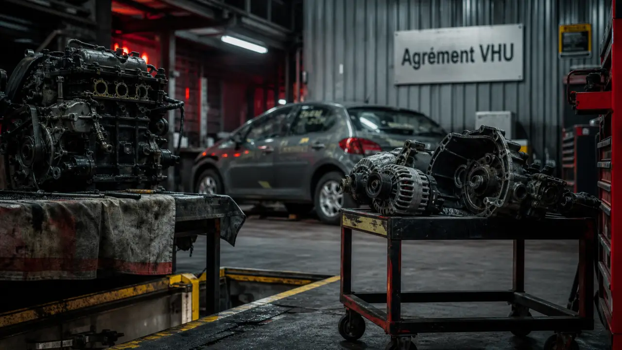 RN3 auto casse : atelier VHU, moteur démonté et pièces détachées