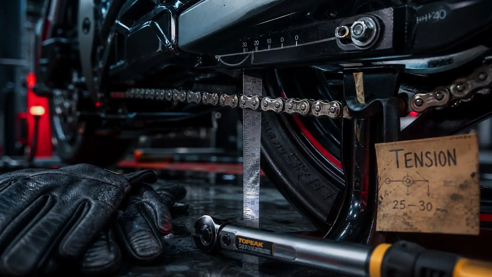 Tension chaine moto 35 mm : mesure de la chaîne et alignement