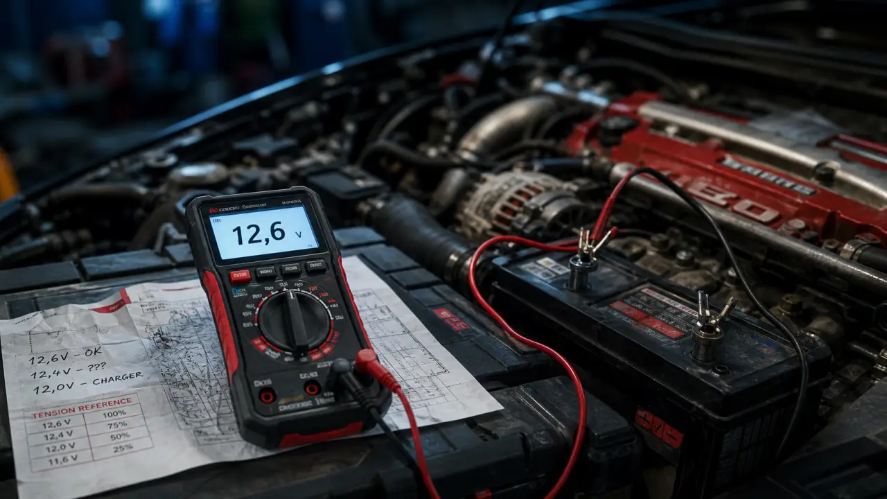 Volt batterie voiture : mesure 12,6 V au repos et 14,7 V moteur tournant