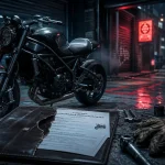 Assurance moto roadster : contrat et casque près du roadster noir