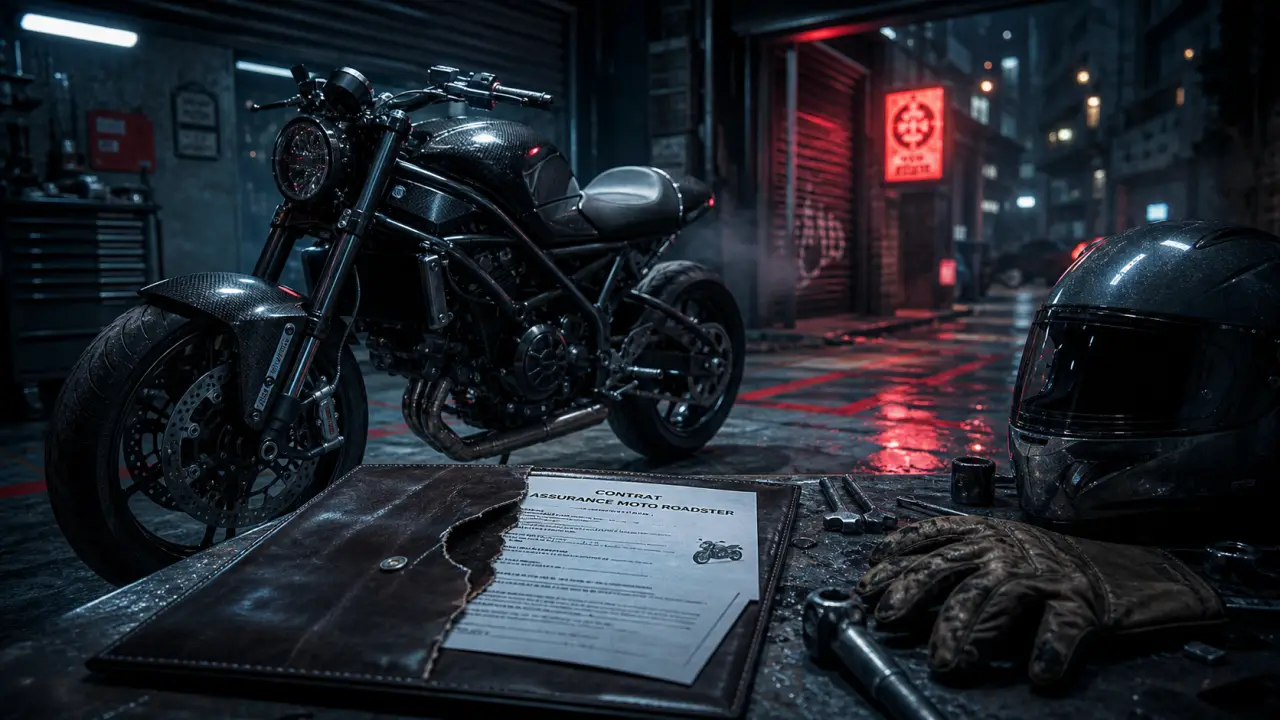 Assurance moto roadster : contrat et casque près du roadster noir