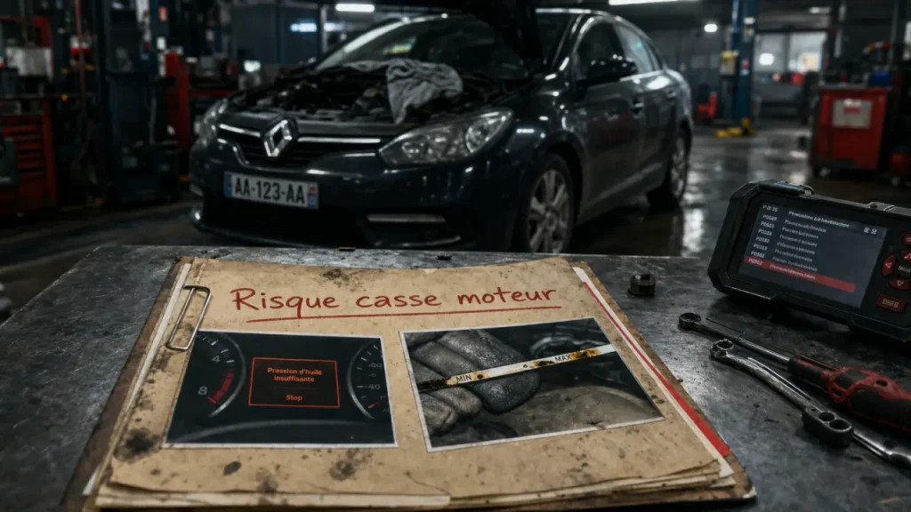Casse moteur Renault TCe 1.2 H5Ft : berline en atelier, capot ouvert
