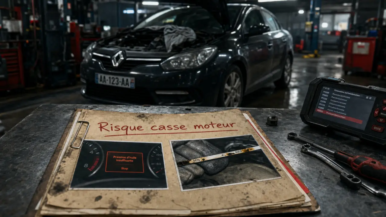 Casse moteur Renault TCe 1.2 H5Ft : berline en atelier, capot ouvert